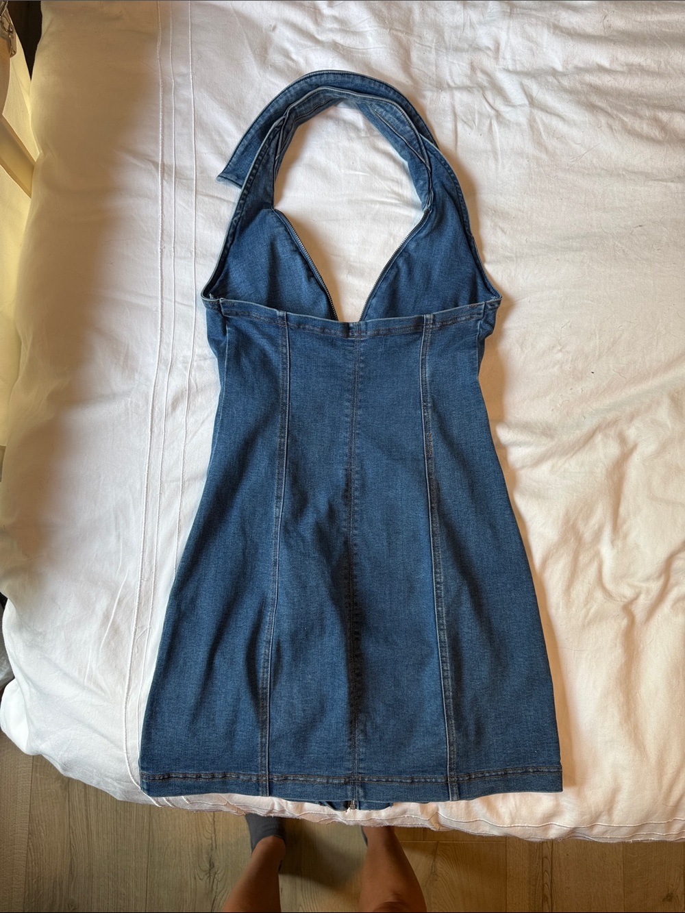 Denim Halter Zip-Front Dress in Medium Blue - Picture 2 of 4